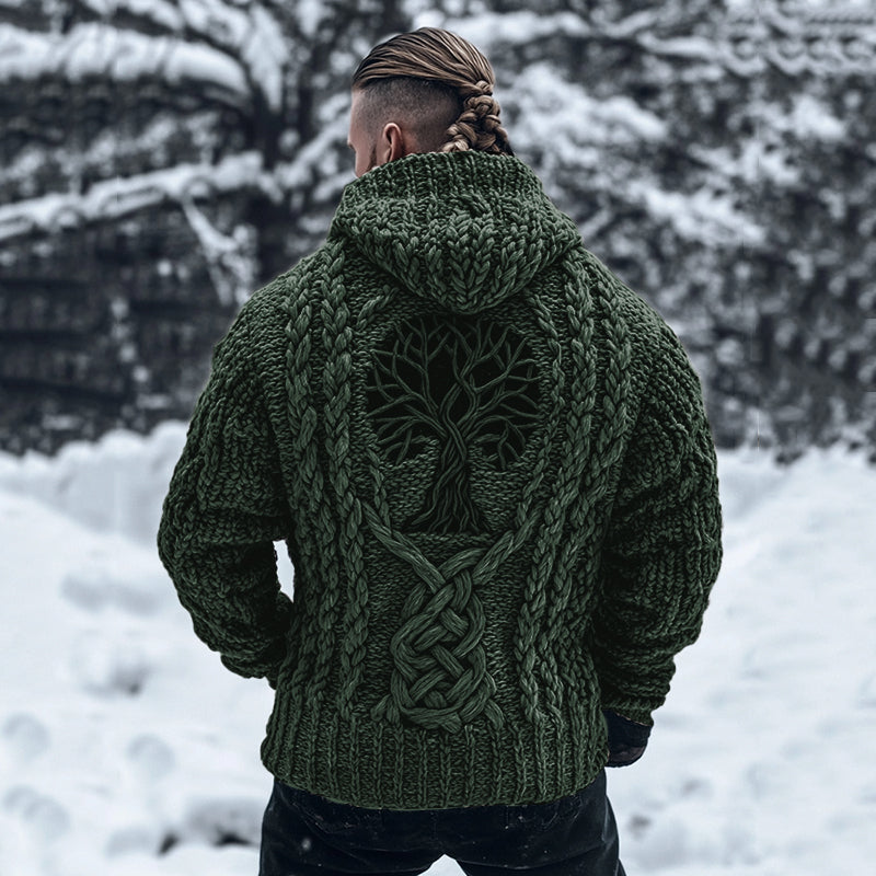 Men's Viking Tribal Tree Of Life Celtic Chunky Knit Hooded Sweater artswardrobe