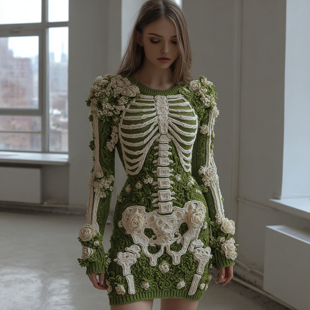 Comstylish Women's Vintage Skull Rose Crochet Cozy Knit Sweater Dress