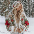 Women's Christmas Flower Celtic Knot Jacquard Button Chunky Hooded Sweater artswardrobe