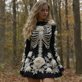 Comstylish Women's Halloween Skeleton Bones Rose Comfortable Elegant Sweater Dress