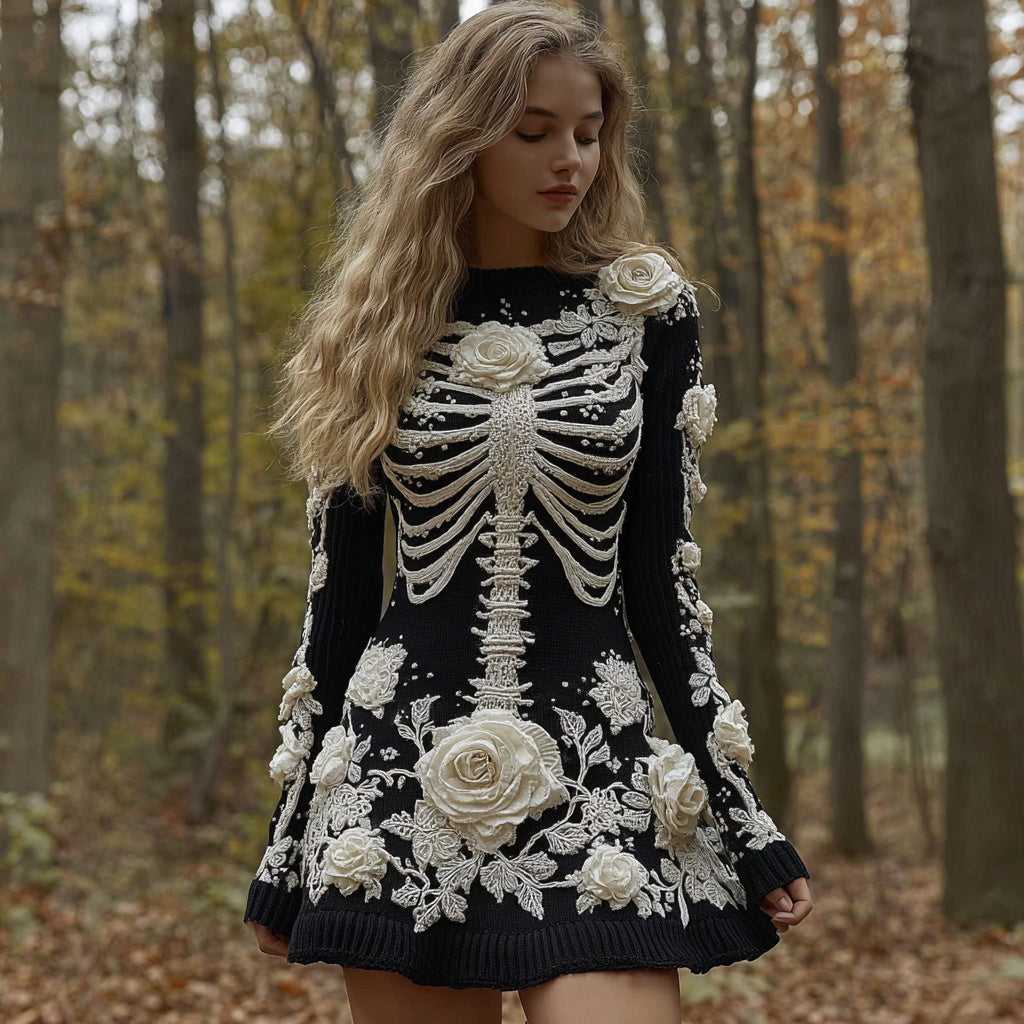 Comstylish Women's Halloween Skeleton Bones Rose Comfortable Elegant Sweater Dress