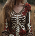 Comstylish Ladies' V-neck Knitted Sweater With Halloween-themed Line Art And Botanical Floral Design.