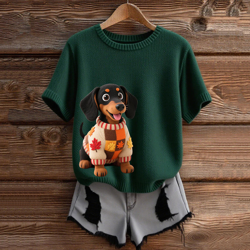 Vintage Dachshund With Felt In Autumn Inspired Embroidered Short Sleeve Cozy Knit Sweater artswardrobe