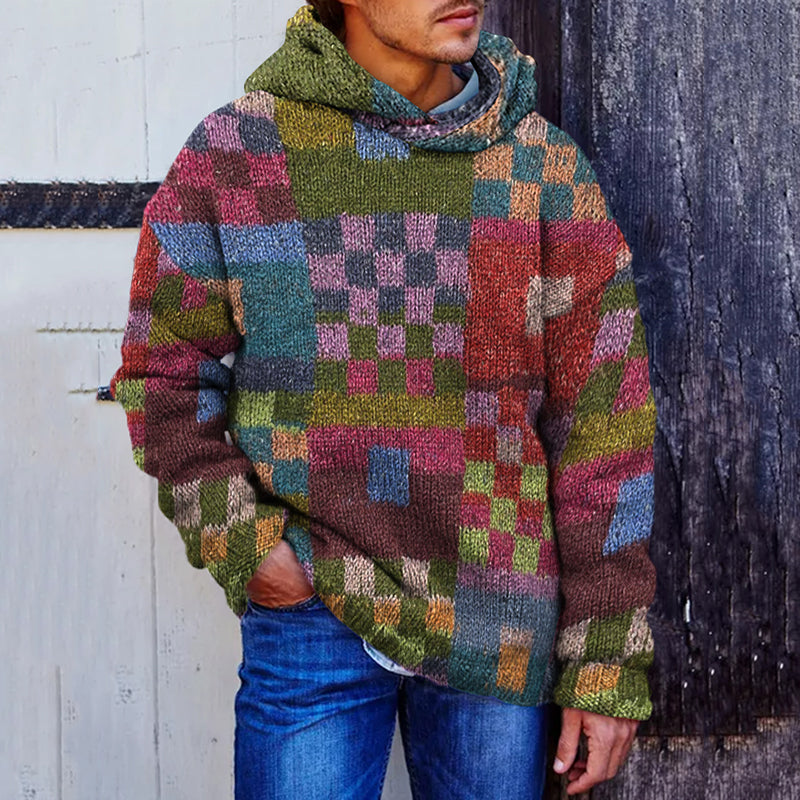 Men's Vintage Plaid Patchwork Colorful Cozy Hooded Sweater elevenforest