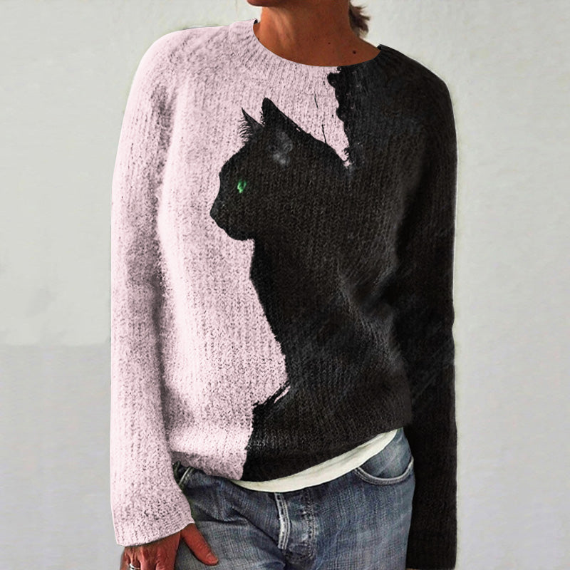 Abstract Creative Black And White Contrast Cat Painting Art Print Knitted Pullover Sweater elevenforest