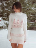Comstylish Pink Christmas Trees Jacquard Cozy Knit Sweater Dress