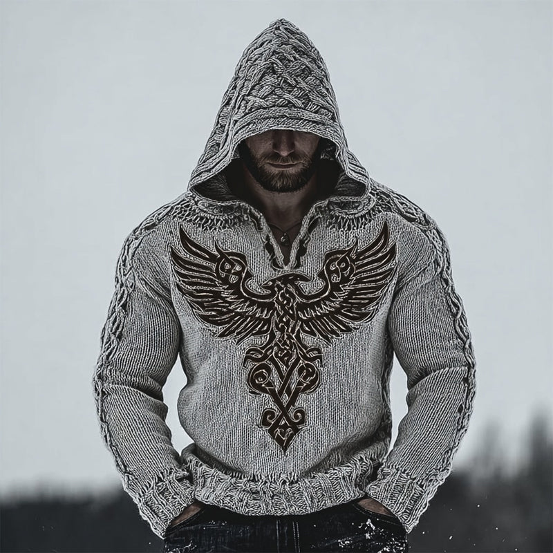 Men's Viking Valhalla Eagle Embroidered Cozy Hooded Sweater artswardrobe