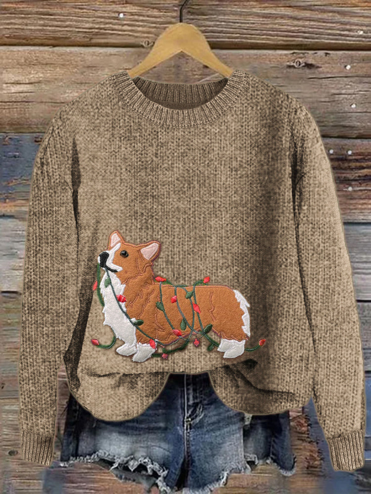 Comstylish Funny Christmas Corgi Dog Embroidered Cozy Sweater