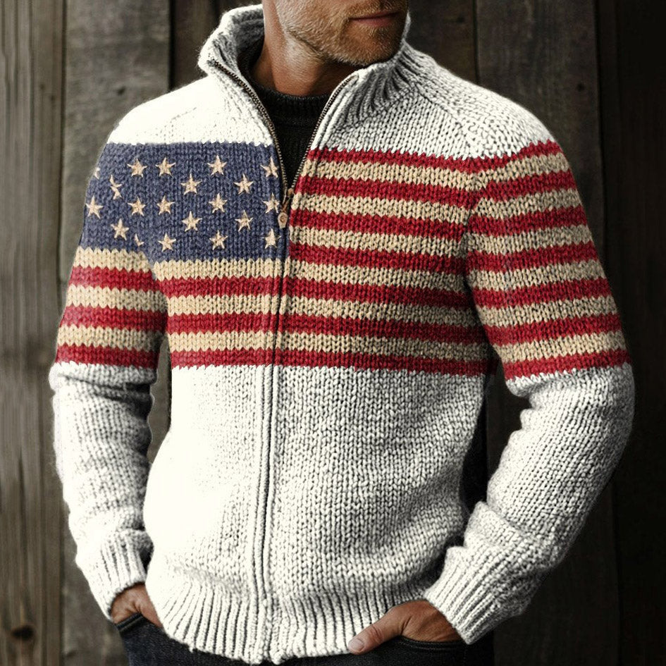 Vintage Usa Flag Patriotic Art Simplicity Print Knit Stand Collar Zip Up Sweater artswardrobe