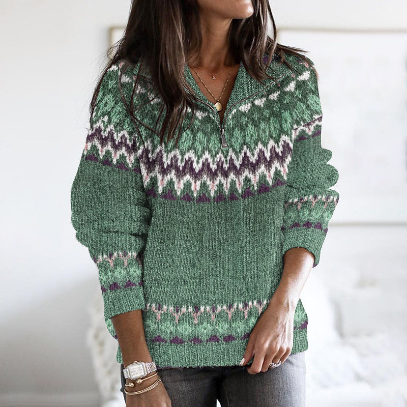 Vintage Ethnic Wave Pattern Jacquard Zipper Stand Collar Sweater elevenforest