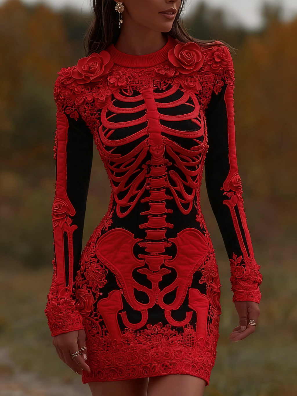 Comstylish Women's Vintage Halloween Skeleton Bones With Rose Art Cozy Knit Mini Sweater Dress