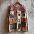 Vintage Cottagecore Buildings Colorblock Crochet Cozy Knit Sweater artswardrobe