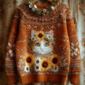 Women's Vintage Halloween Sunflower And Cat Embroidered Sweater artswardrobe