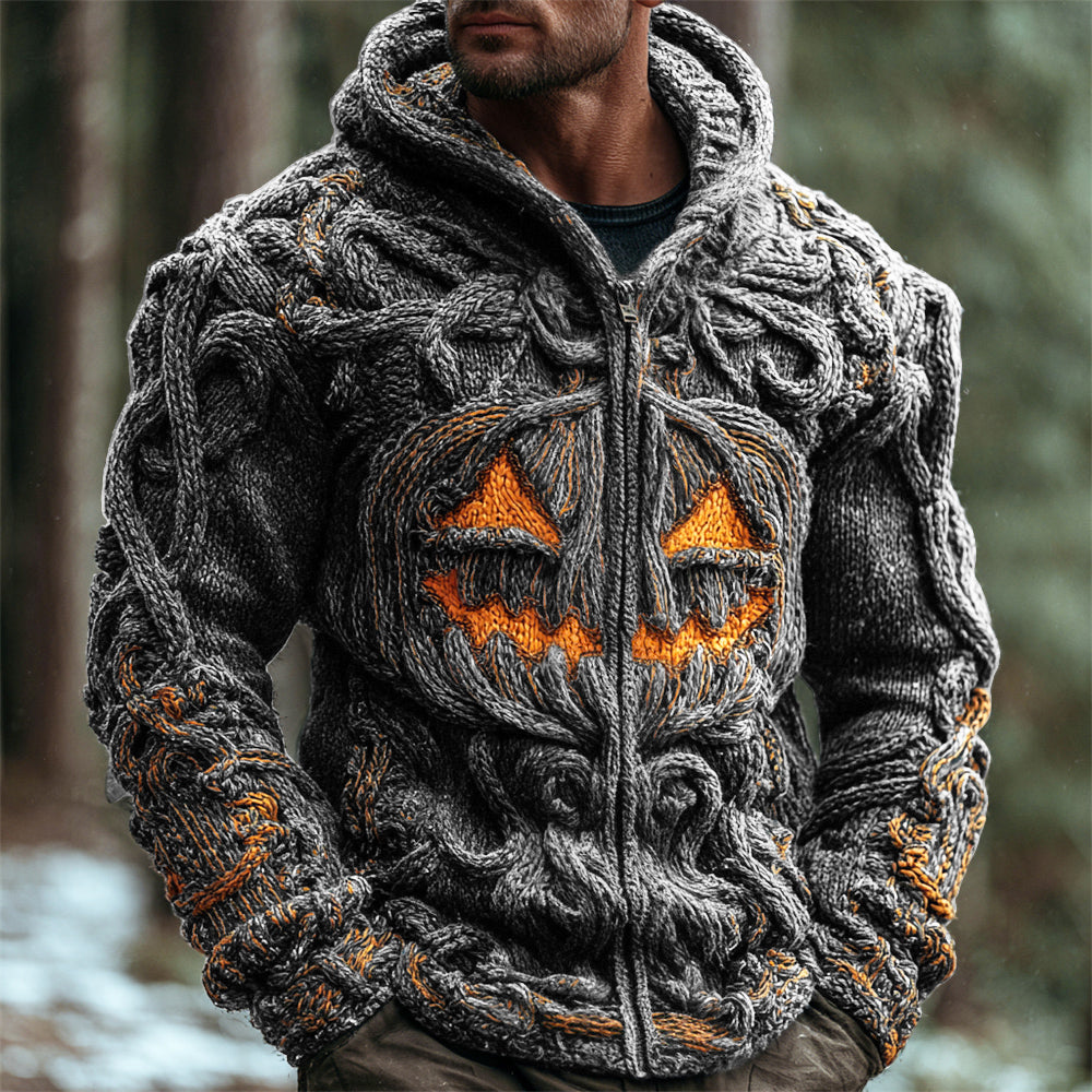 Halloween Pumpkin Emoji Men's Chunky Knit Full Zip Hooded Sweater artswardrobe