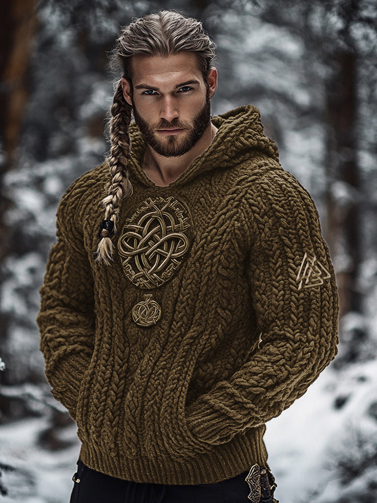 Men's Viking Tribal Jacquard Celtic Inspired Chunky Knit Hooded Sweater elevenforest