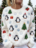 Comstylish Cute Christmas Penguin Design Women's Plush Sweater