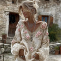 Comstylish Women's Vintage Pink Flowers Art V-neck Cozy Knit Sweater