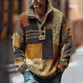 Men's Classic Sunset Style Patchwork Art Jacquard Thick Warm Button-down Turtleneck Sweater artswardrobe