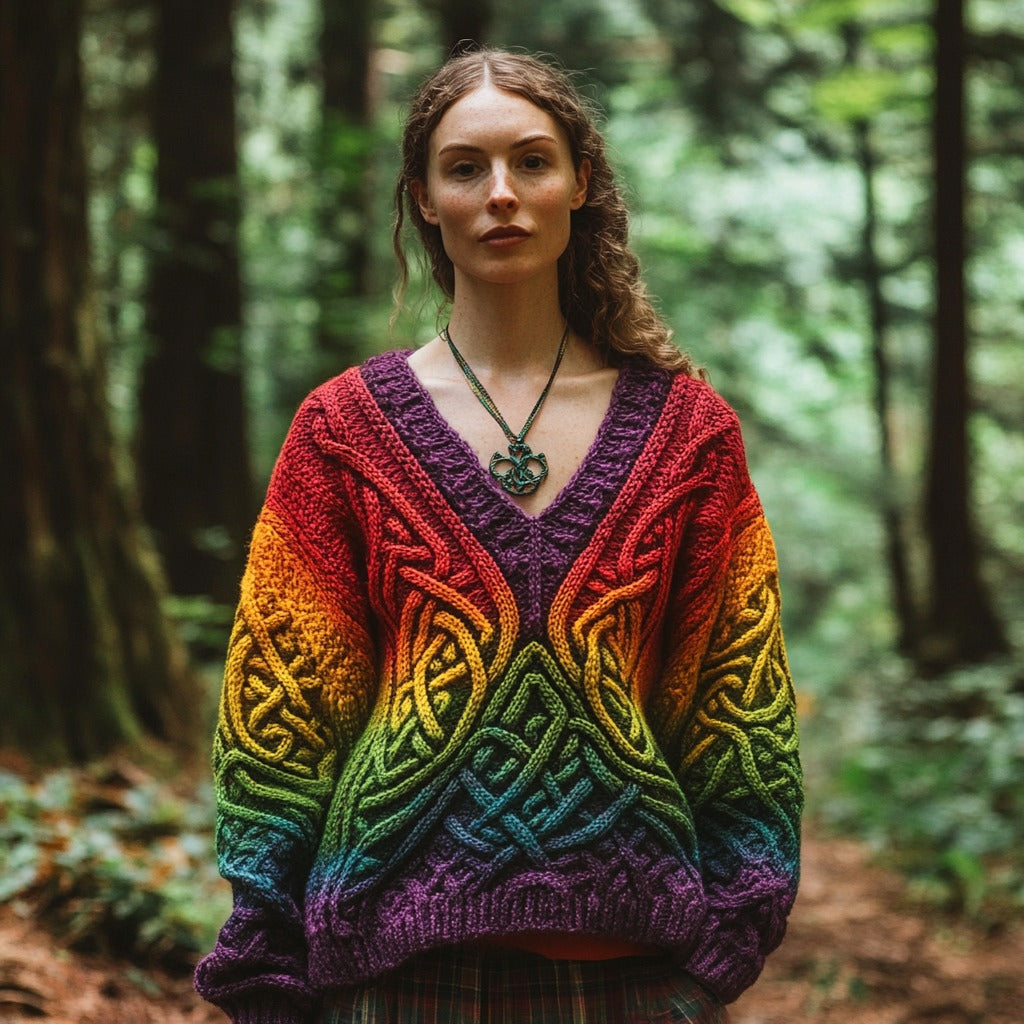 Vintage Rainbow Gradient Celtic Knot Chunky V-neck Aran Sweater artswardrobe