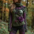 Women's Retro Sugar Skull And Rose Contrast Jacquard Cozy Warm Turtleneck Sweater artswardrobe