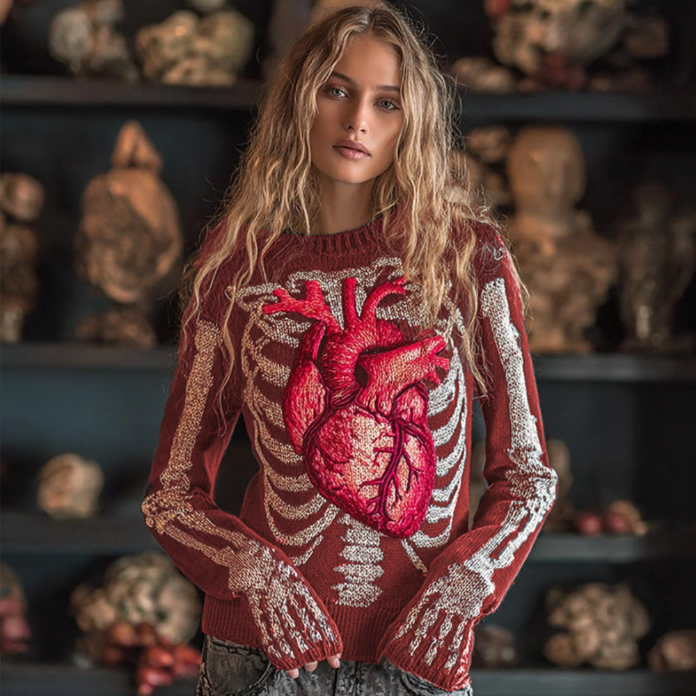 Women Halloween Human Bones Beating Red Heart Embroidery Antique Round Neck Sweater artswardrobe