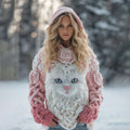 Comstylish Women's Vintage Cat And Roses Gradient Art Knitted Warm Cazy Hooded Sweater