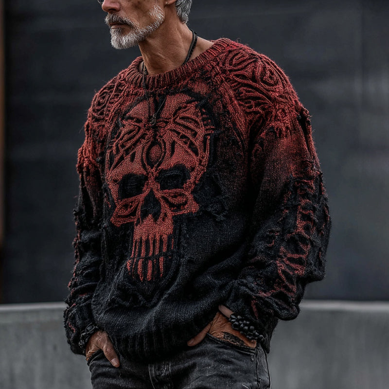 Men's Halloween Skull Gradient Cozy Knit Pullover Sweater artswardrobe