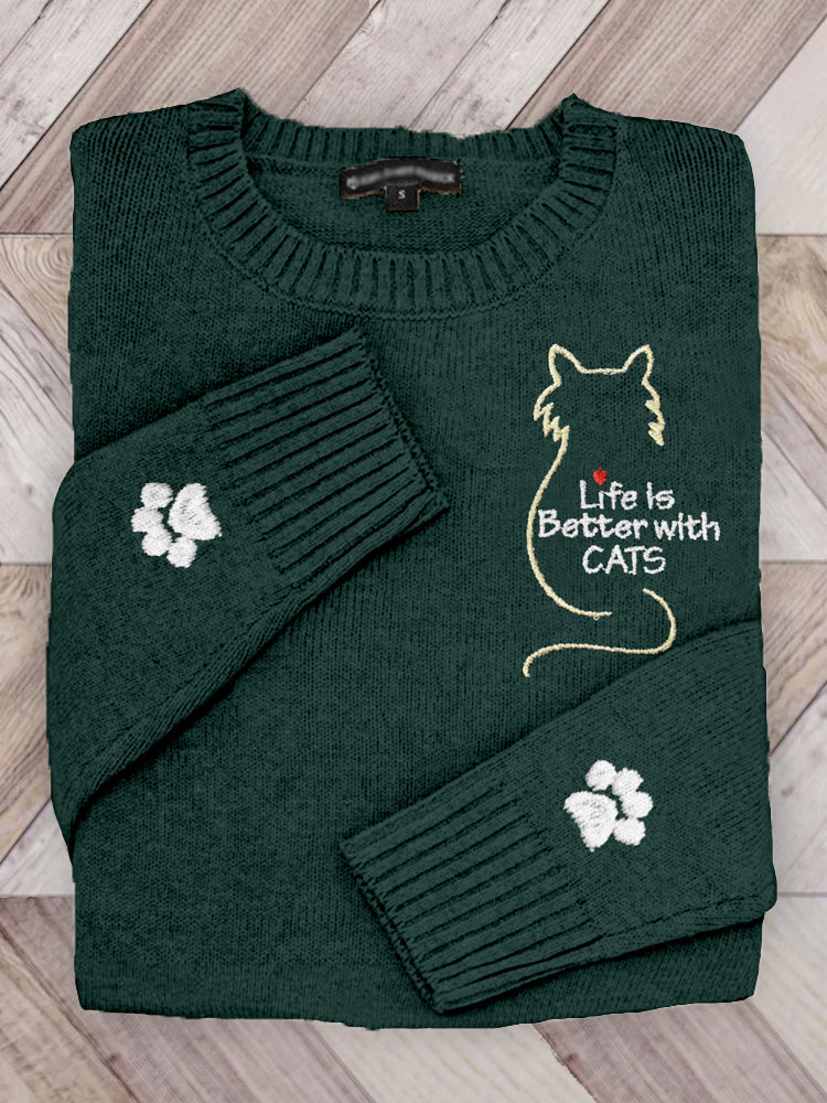 Life Is Better With Cats Embroidered Cozy Sweater elevenforest