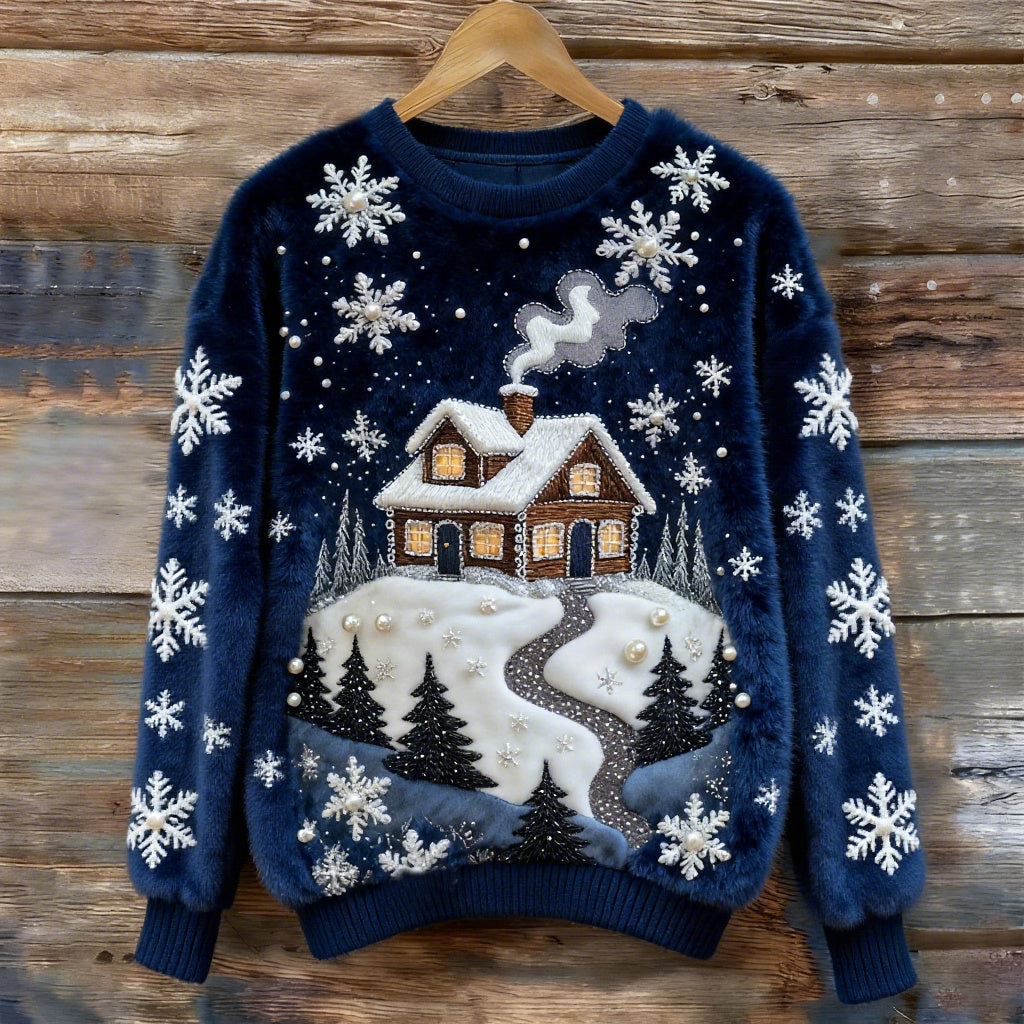 Christmas Fairytale Town Snowflake Art Women's Cozy Plush Sweater