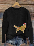 Comstylish Women's Christmas Golden Retriever Embroidery Print Sweater