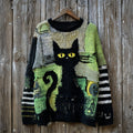Halloween Witch Black Cat Striped Patchwork Cozy Knit Sweater
