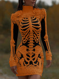 Comstylish Comstylish Women's Halloween Skeleton Bones With Rose Art Cozy Knit Turtleneck Mini Sweater Dress