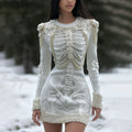 Women's Vintage Halloween Skeleton Bones With White Rose Art Cozy Knit Mini Sweater Dress artswardrobe