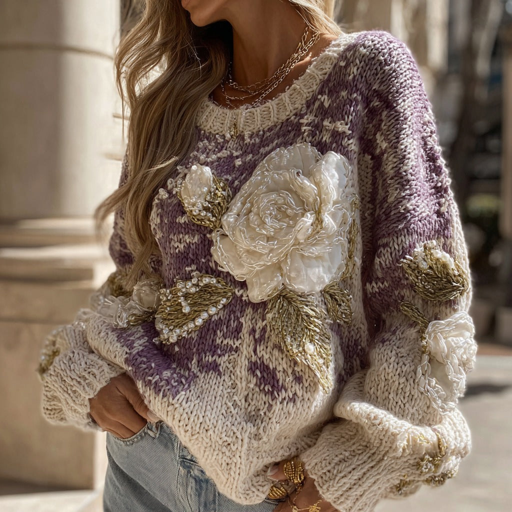 Women's Vintage White Rose Pattern Warm Knitted Crew Neck Sweater artswardrobe