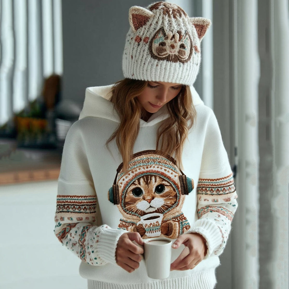 Comstylish Women's Cute Winter Catart Knitted Warm Sweater