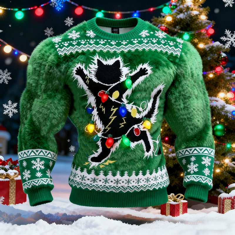 Comstylish Men's Christmas Cat Decorative Light Printed Cozy Sweater