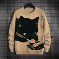 Men's Japanese Black Cat Eating Sushi Print Knit Sweater elevenforest