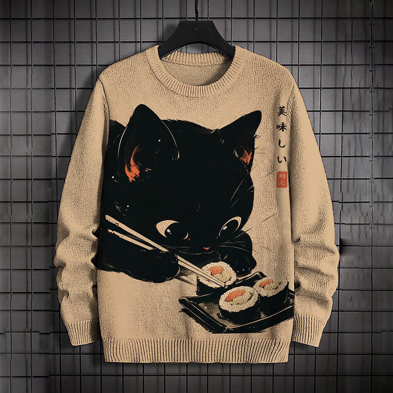 Men's Japanese Black Cat Eating Sushi Print Knit Sweater elevenforest