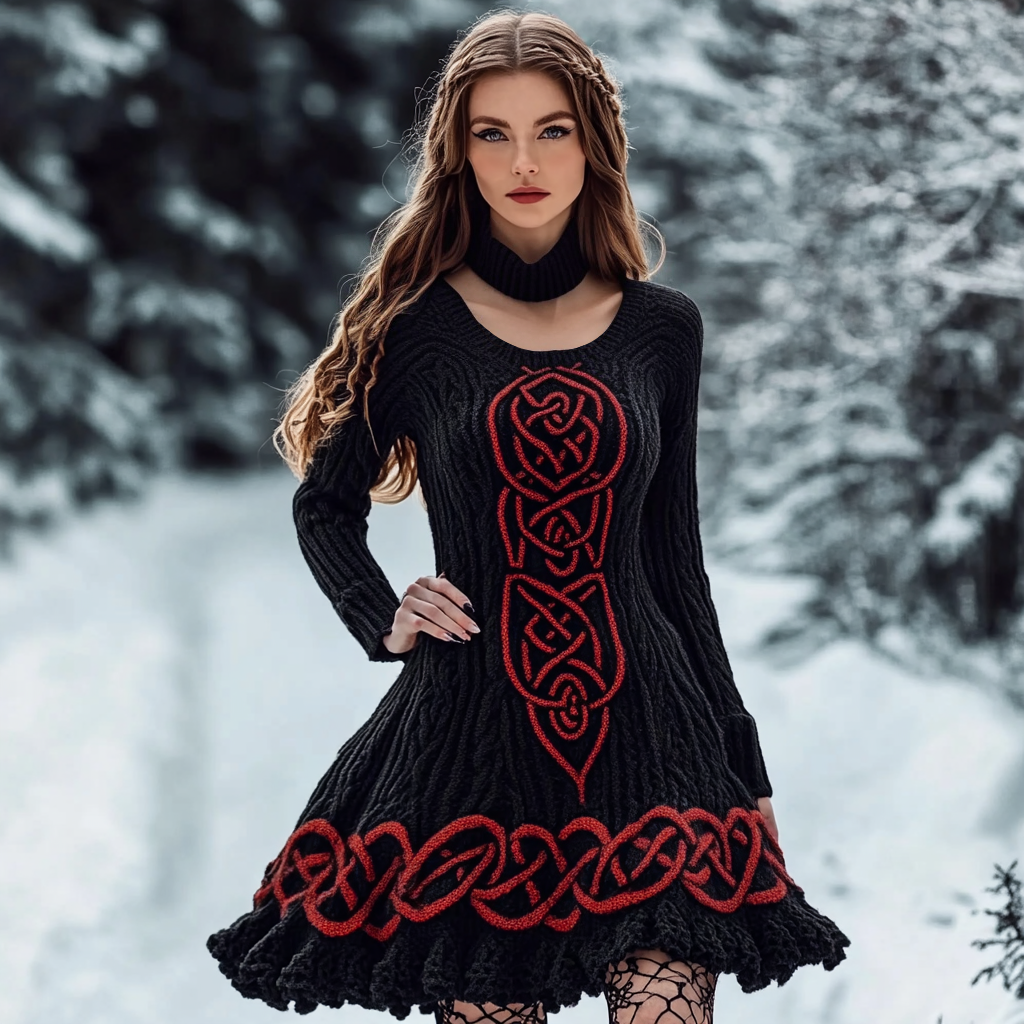 Women's Viking Celtic Knot Jacquard Knit Sweater Dress artswardrobe