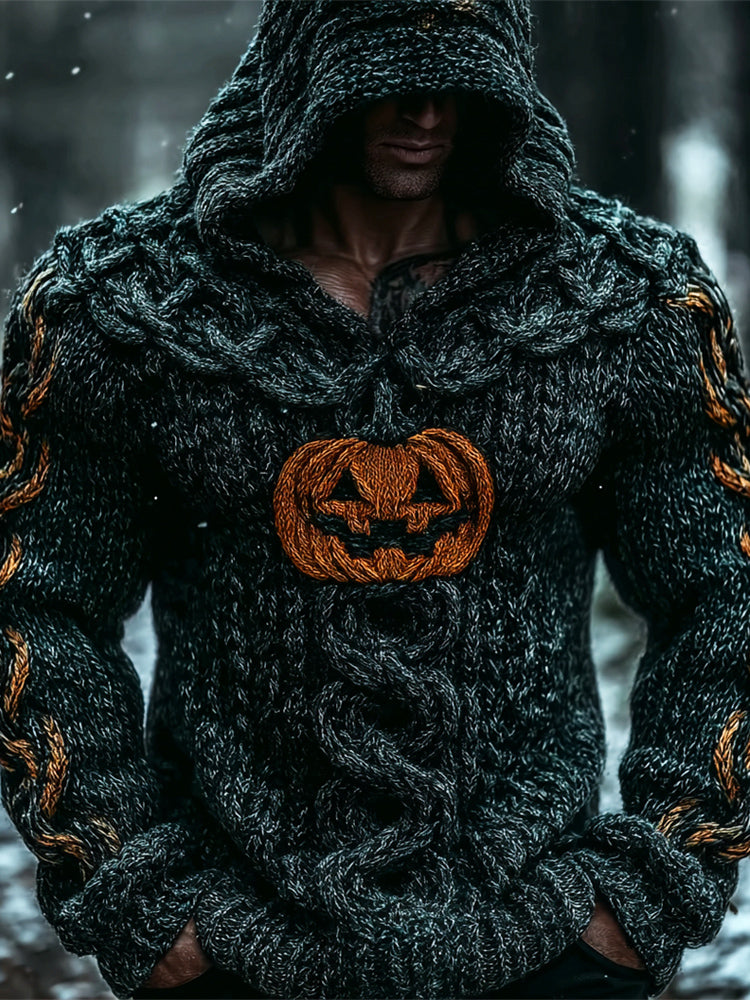 Viking Halloween Pumpkin Lights Men's Chunky Knit Twist Hooded Sweater artswardrobe