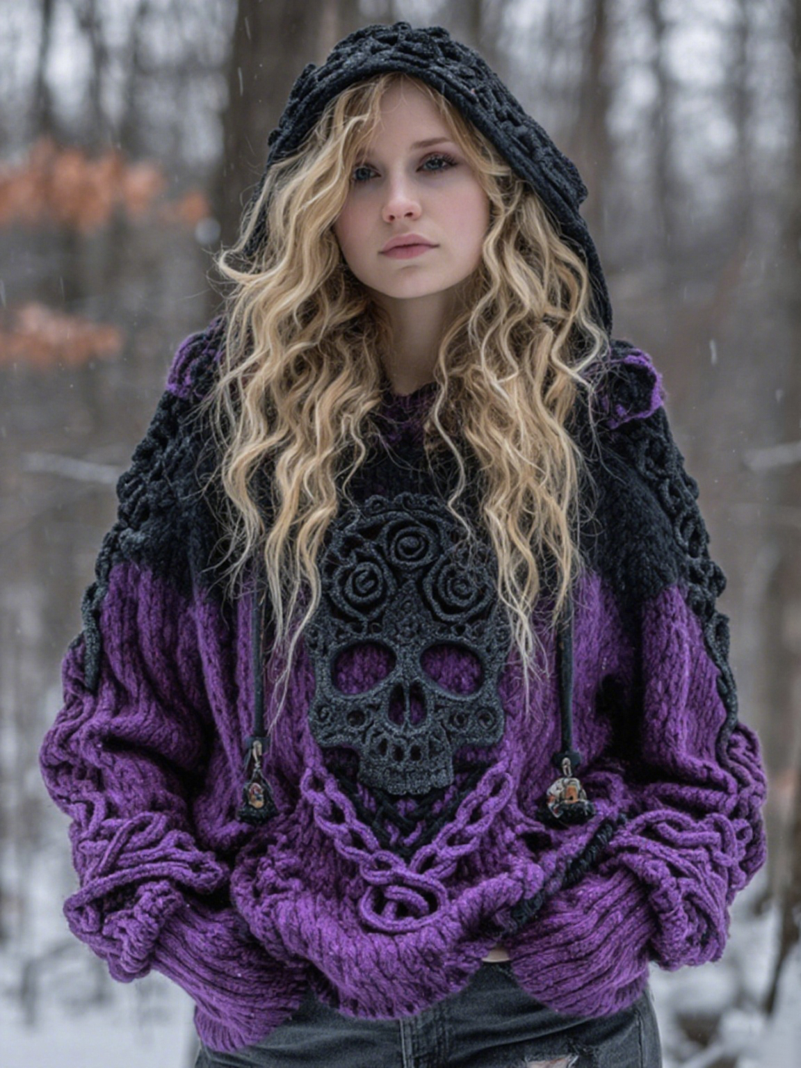 Women's Vintage Viking Tribal Celtic Skull Gradient Art Chunky Knit Hooded Sweater artswardrobe