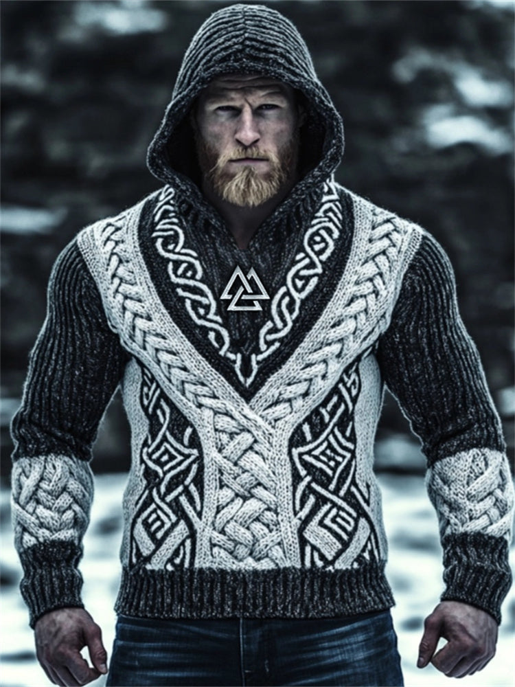 Men's Viking Symbol Celtic Contrast Chunky Hooded Sweater elevenforest