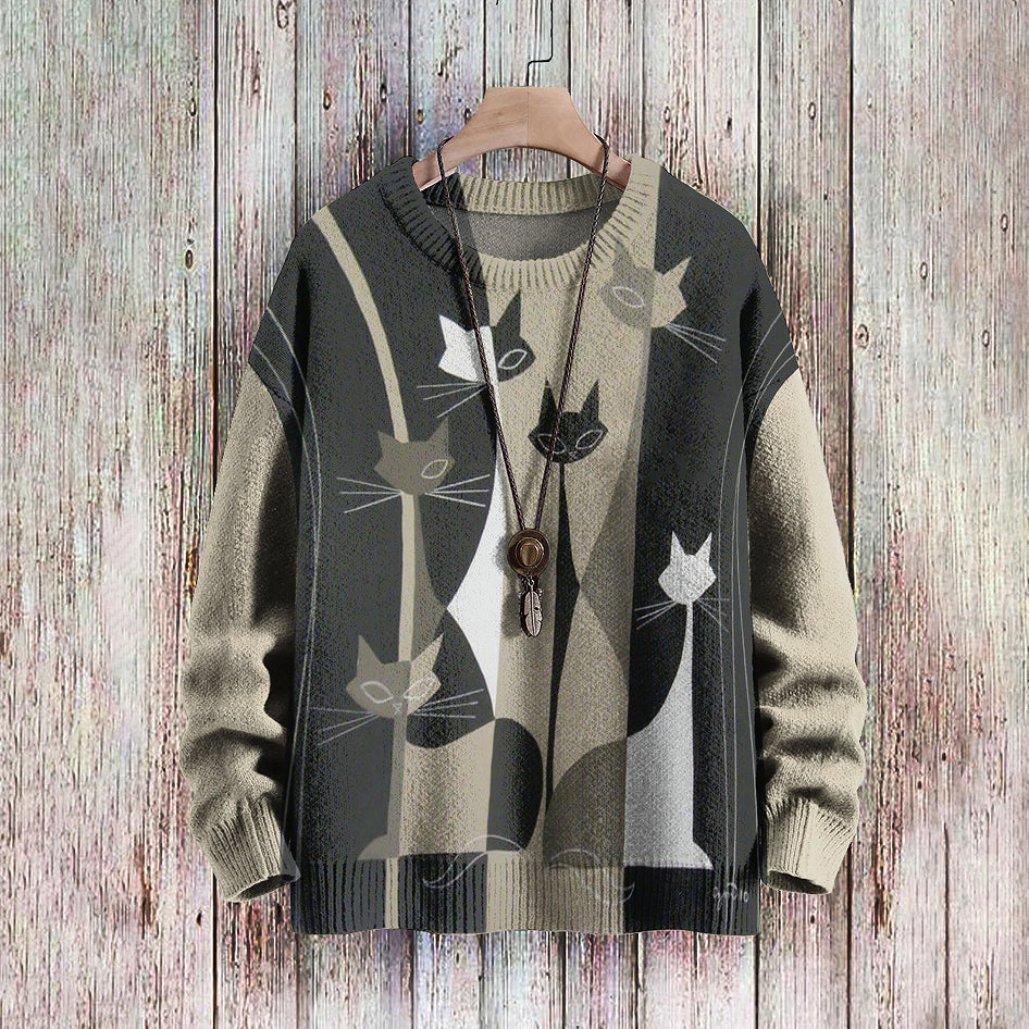Abstract Funny Cat Design Vintage Art Vibe Print Sweater elevenforest