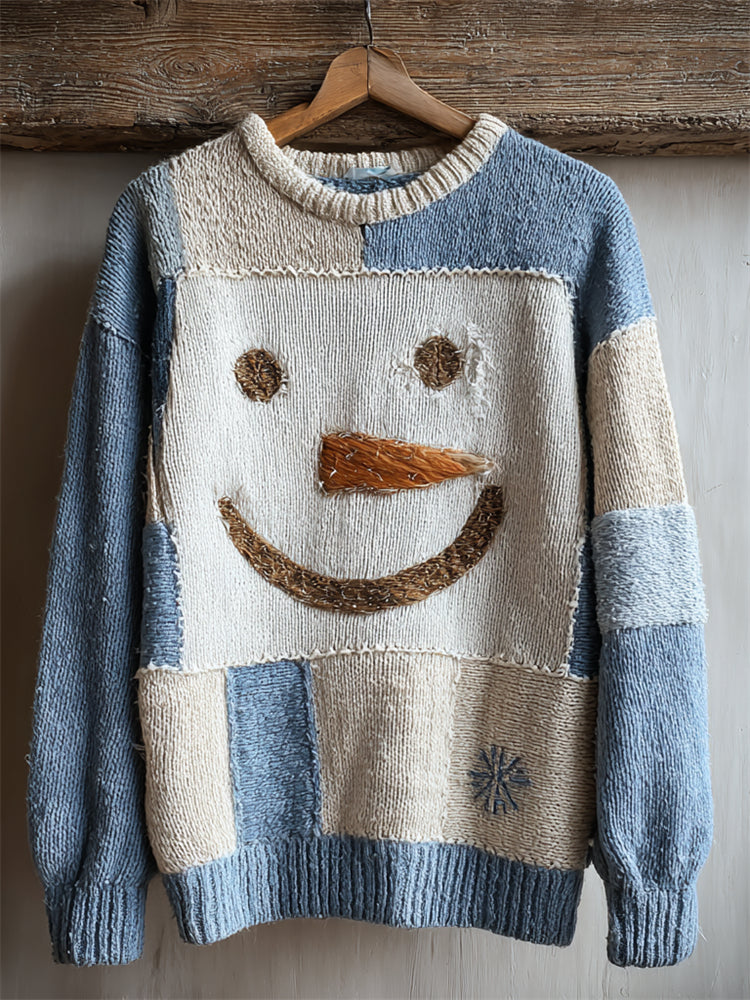 Comstylish Snowman & Snowflakes Embroidered Colorblock Knit Sweater