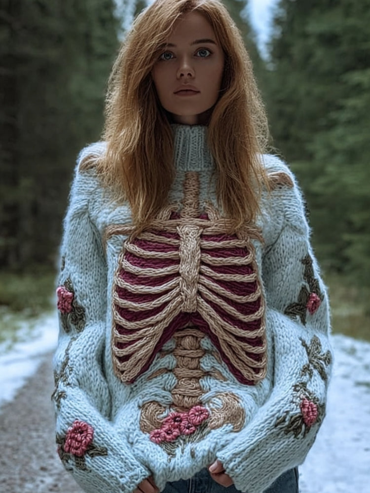 Female Anatomy Art And Flower Vintage Coarse Needle High Collar Sweater artswardrobe