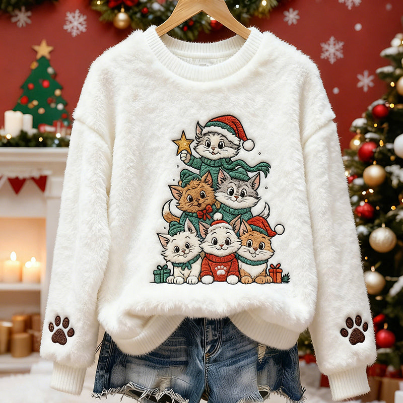 Comstylish Cute Cat Christmas Tree Pattern Warm Crew Neck Sweater