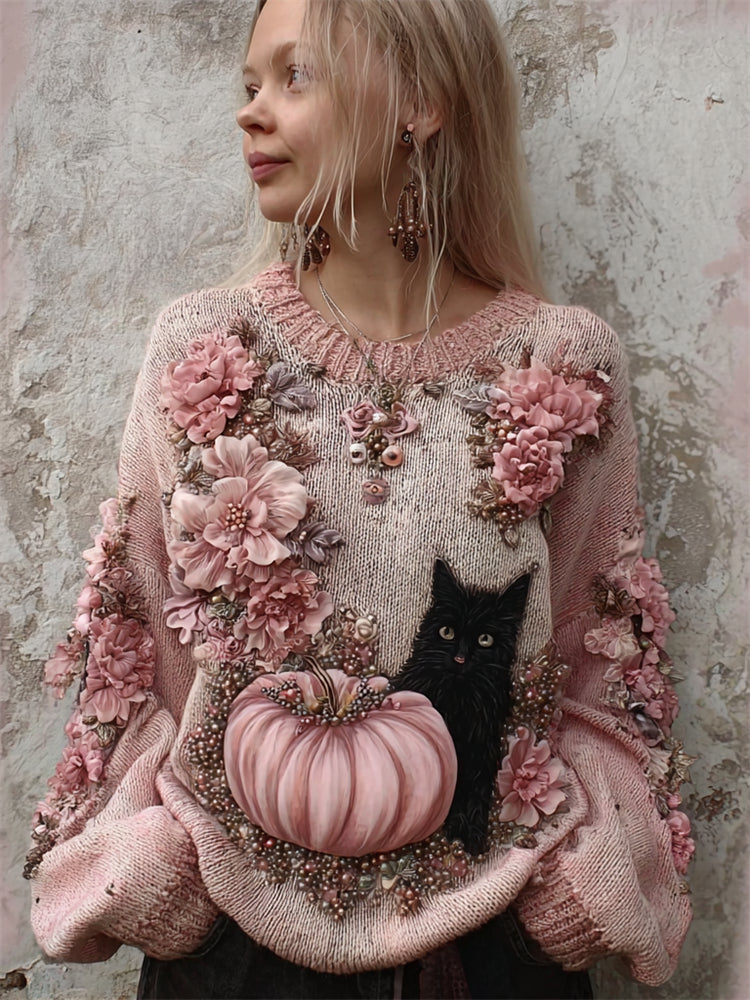Black Cat & Pink Pumpkin Floral Beaded Cozy Knit Sweater elevenforest