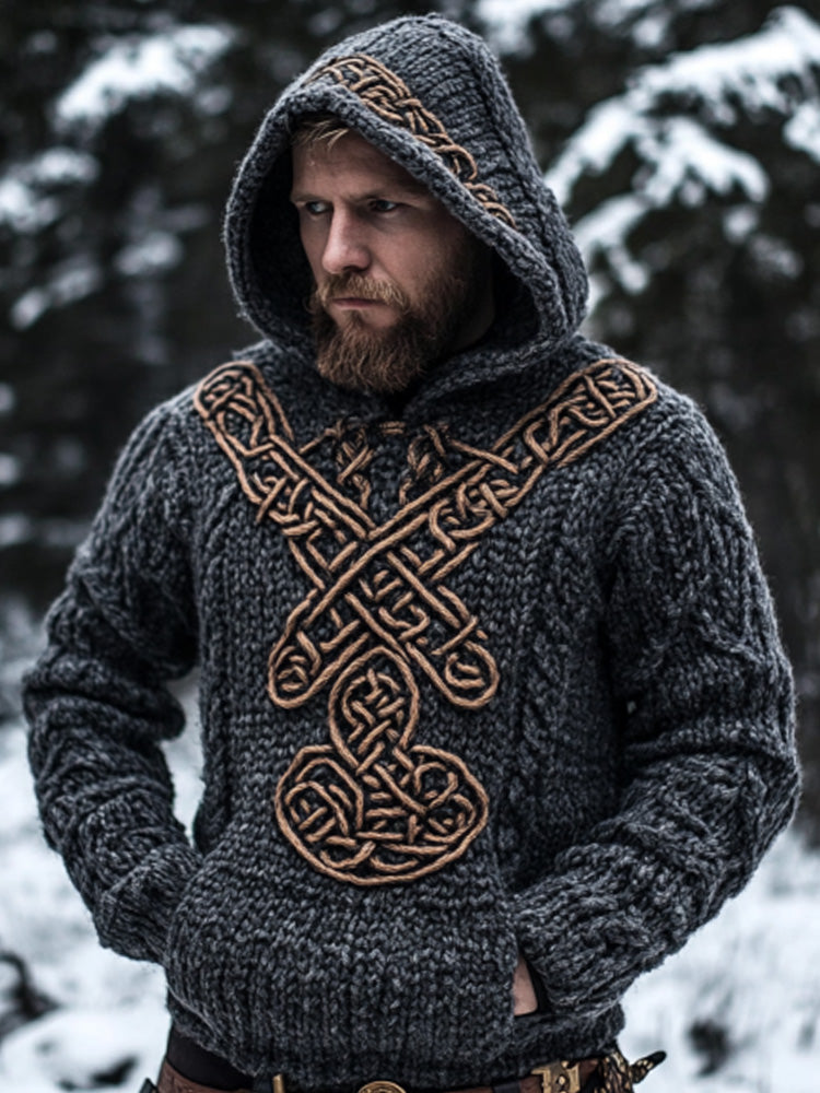 Men's Vintage Viking Inspired Celtic Jacquard Hooded Sweater elevenforest