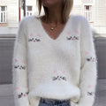 Lovely Cat Faces Embroidered V Neck Fuzzy Sweater artswardrobe