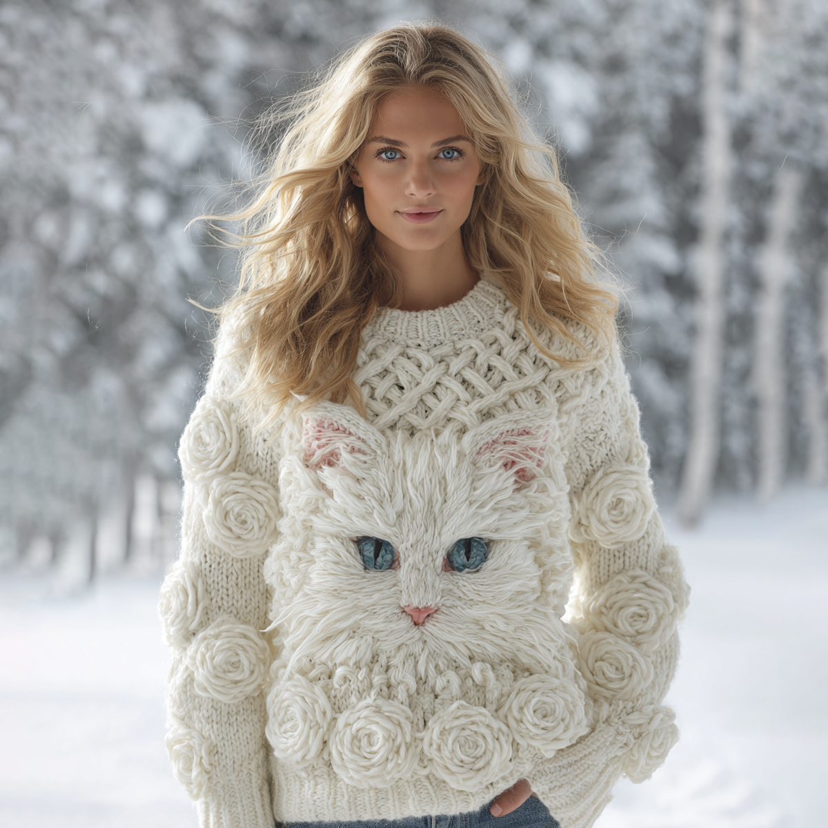 Comstylish Women's Cute Cat Rose Art Knitted Warm Sweater